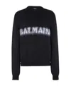 Balmain Black Crewneck Sweater With Maxi Logo Lettering On The Front And Brushed Effect In Wool Blen In Black