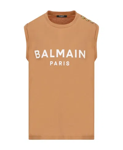 Balmain Logo-print Button-embellished Top In Nude