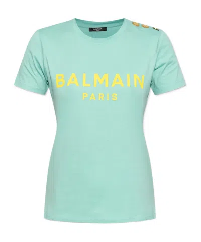 Balmain Logo-print Button-shoulder T-shirt In Green