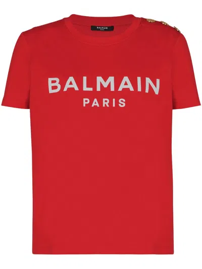 BALMAIN LOGO-PRINT BUTTON-SHOULDER T-SHIRT