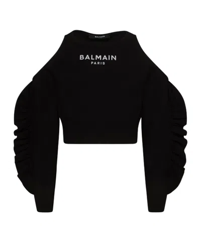 Balmain Logo-print Cold-shoulder Jumper In Black