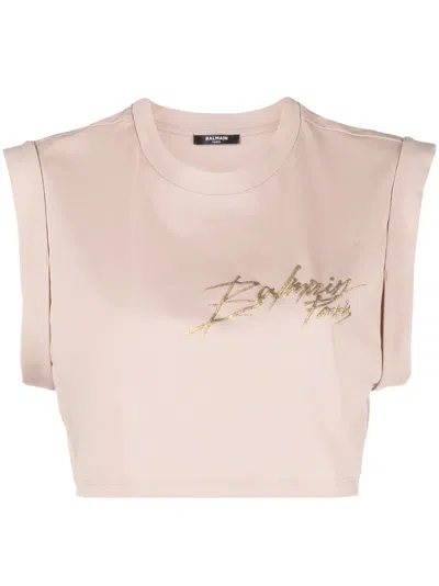 Balmain Logo-print Cotton Crop Top In Neutrals