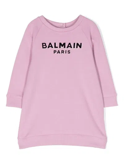 Balmain Babies' Logo-print Cotton Dress In Purple