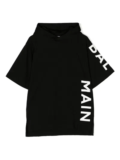 Balmain Kids' Logo-print Cotton Hooded Dress In Black