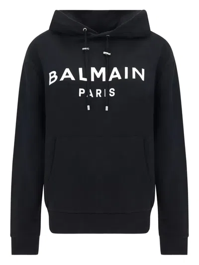 Balmain Logo Printed Drawstring Hoodie In Black