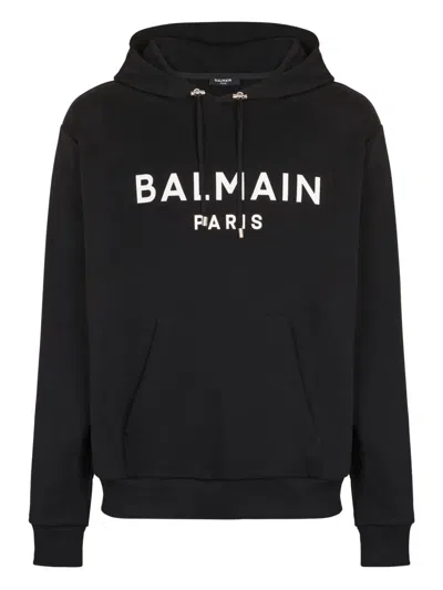 Balmain Logo Printed Drawstring Hoodie In Black