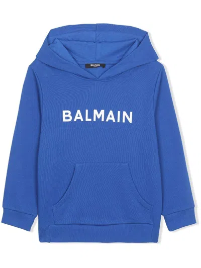 Balmain Kids' Logo-print Cotton Hoodie In Blue