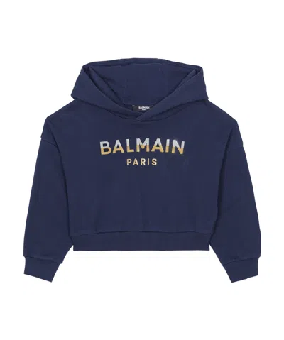 Balmain Kids' Logo-print Cotton Hoodie In Blue