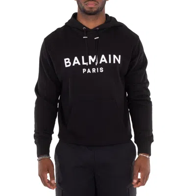 Balmain Logo Print Cotton Jersey Hoodie In Black