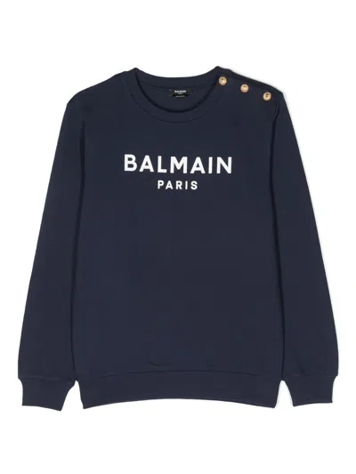 Balmain Kids' Logo-print Cotton Sweatshirt In Blue