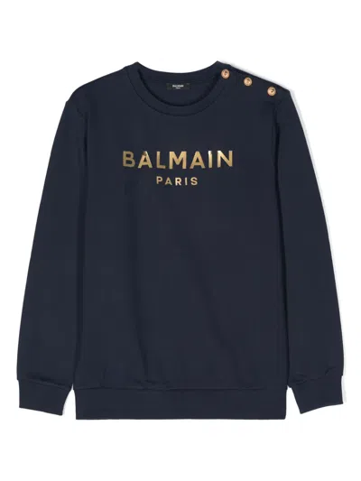 Balmain Kids' Logo-print Cotton Sweatshirt In Blue