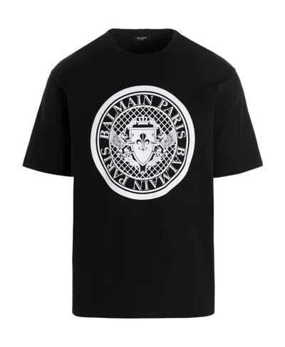 BALMAIN COTTON T-SHIRT WITH FLOCKED BALMAIN MEDALLION
