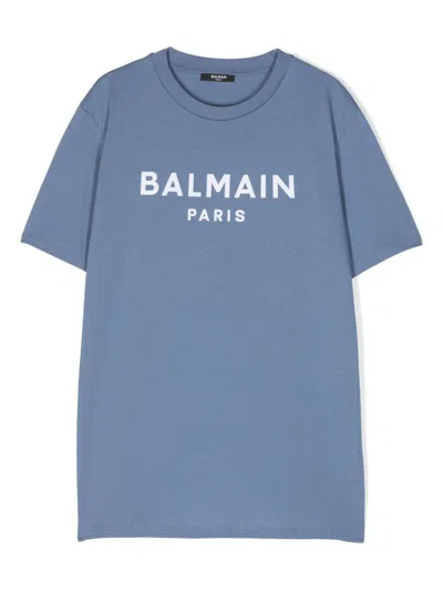 Balmain Kids' Logo-print Cotton T-shirt In Blu