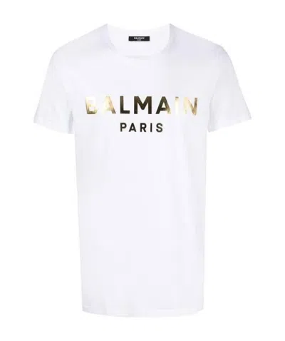 BALMAIN WHITE COTTON T-SHIRT WITH GOLD BALMAIN PARIS LOGO PRINT