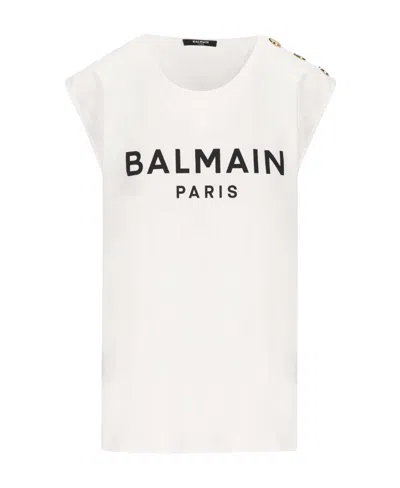 Balmain Logo Printed Sleeveless Top In White