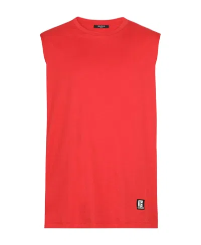 Balmain Logo-print Cotton Tank Top In Mbd Rouge/blanc