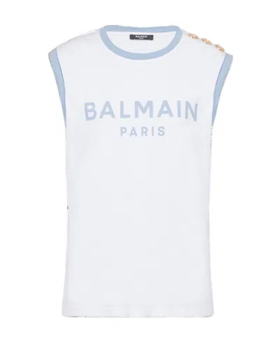 Balmain Tank Top With Shoulder Buttons And Contrast Trim In White