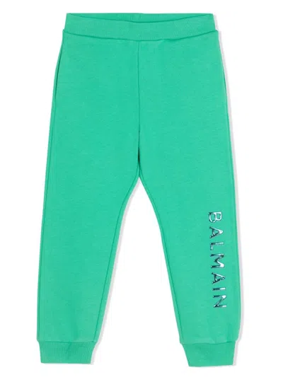 Balmain Kids' Logo-print Cotton Track Pants In Green