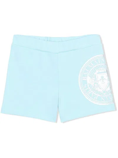 Balmain Babies' Logo-print Cotton Track Shorts In Blue