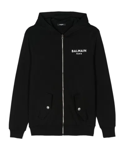 Balmain Logo Print Cotton Zip-up Hoodie In Black
