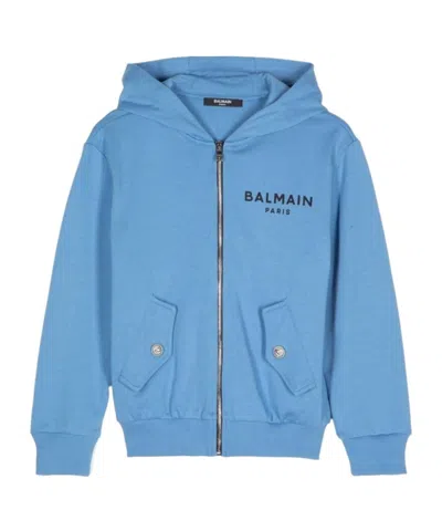 Balmain Logo Print Cotton Zip-up Hoodie In Blue