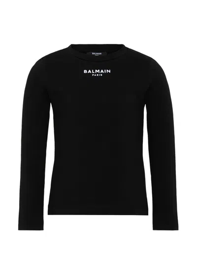 Balmain Logo Print Crew Neck Long Sleeve T-shirt For Girls In Black