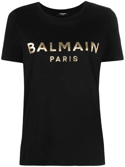 Balmain Cotton T-shirt With Gold Colored Logo Print In Black Gold
