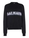 Balmain Black Crewneck Sweater With Maxi Logo Lettering On The Front And Brushed Effect In Wool Blen In Black