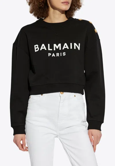 Balmain Logo Print Cropped Sweatshirt In Black