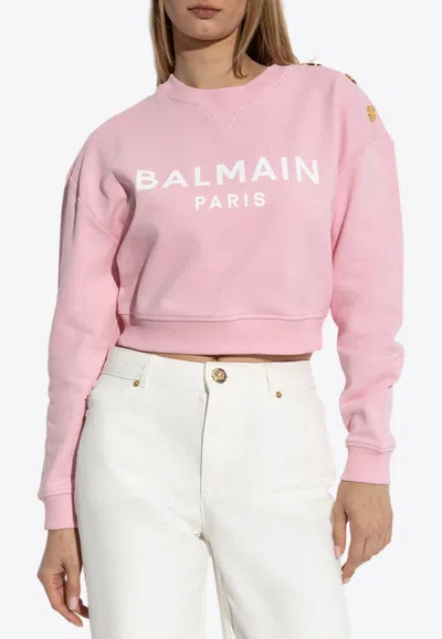 Balmain Logo Print Cropped Sweatshirt In Pink