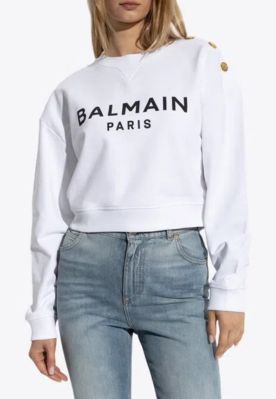 Balmain Logo Print Cropped Sweatshirt In White