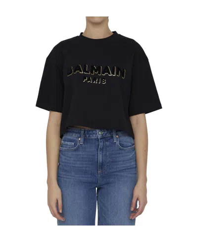 Balmain Logo-print Cropped T-shirt In Black