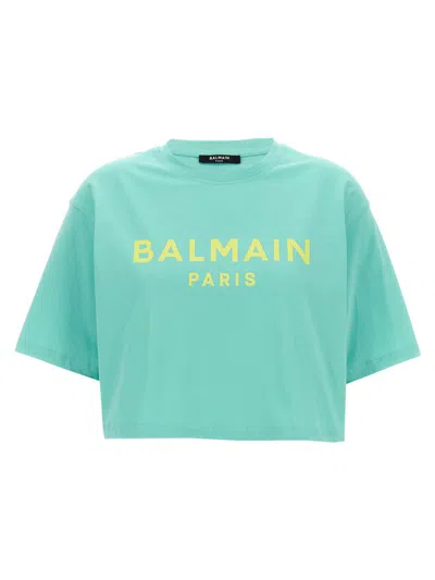Balmain Logo Print Cropped T-shirt In Blue