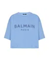 Shop Balmain Cropped Printed  Logo T-shirt In Blue