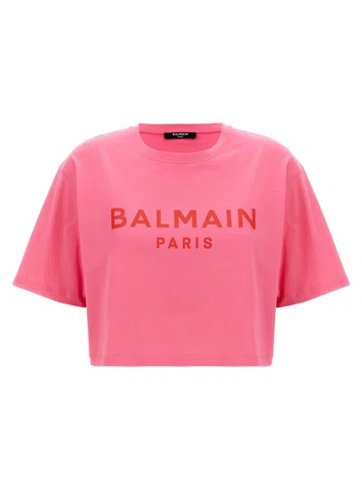 Balmain Logo Print Cropped T-shirt In Fuchsia