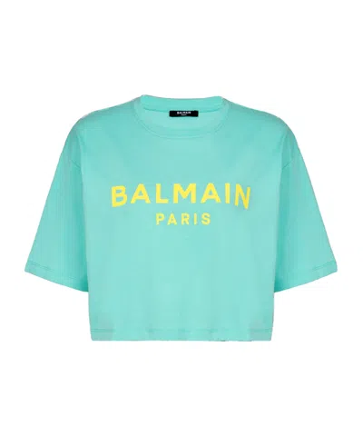 Balmain Logo-print Cropped T-shirt In Blue