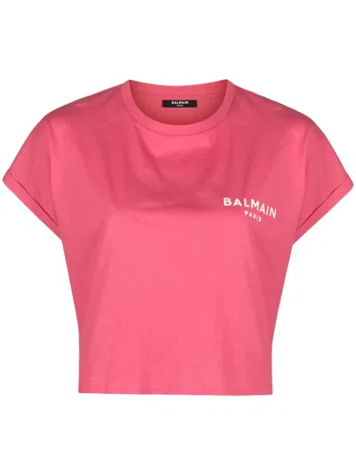 Balmain Cropped-t-shirt Mit Logo-print In Pink