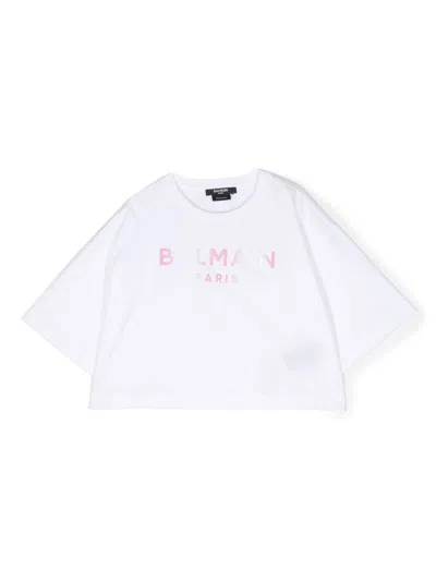 Balmain Kids' Logo-print Cropped T-shirt In White