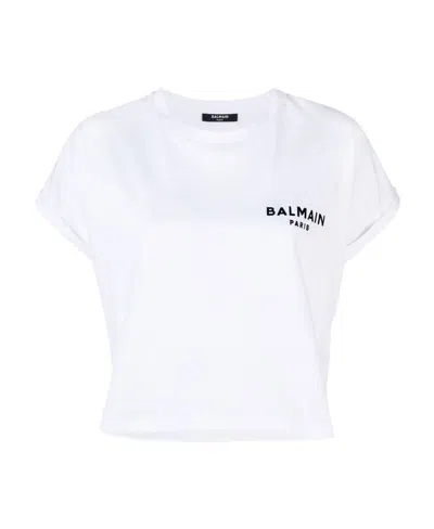 BALMAIN LOGO-PRINT CROPPED COTTON T-SHIRT