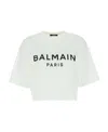 BALMAIN ECO-RESPONSIBLE CROPPED COTTON T-SHIRT WITH BALMAIN LOGO PRINT
