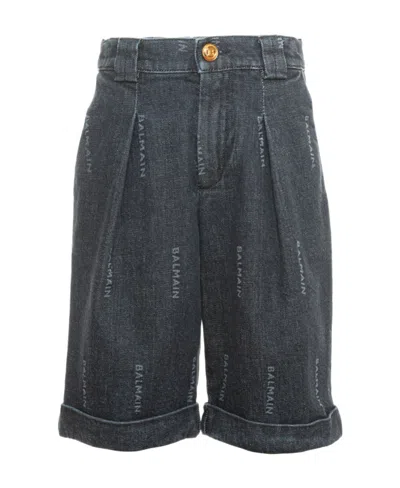 Balmain Logo-print Denim Shorts In Black
