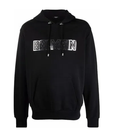 Balmain Logo-print Drawstring Hoodie In Black