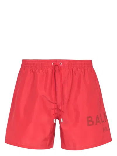 Balmain Logo-print Drawstring Swim Shorts In Red