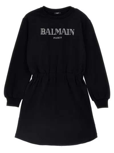 Balmain Kids' Logo Print Dress In White/black