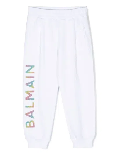 Balmain Kids' Logo-print Elasticated Tracks Pants In 白色