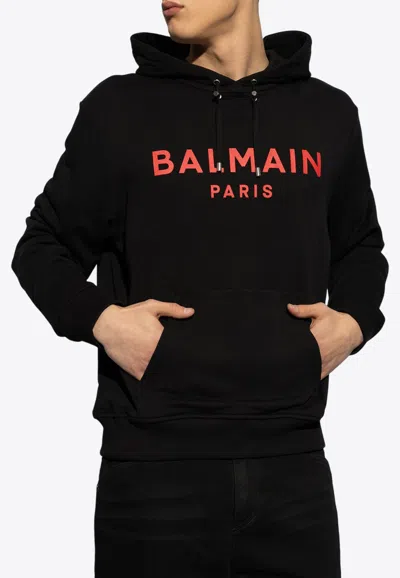 Balmain Logo-print Cotton Hoodie In Eik Noir/rouge