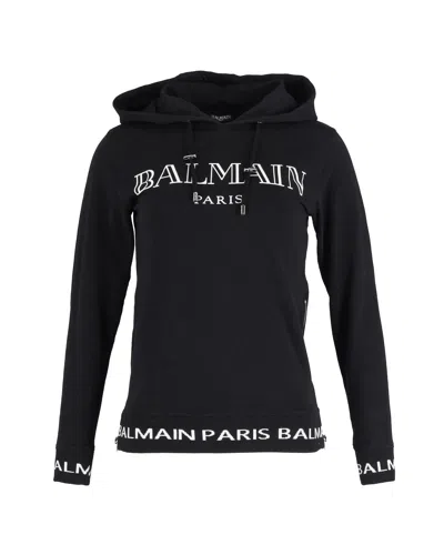 Balmain Logo Print Hooded Sweatshirt In Black Cotton