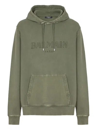 Balmain Vintage-style Organic Cotton Hoodie With Embroidered Logo In Green