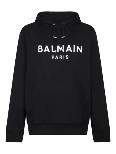 Balmain Logo Printed Drawstring Hoodie In Black