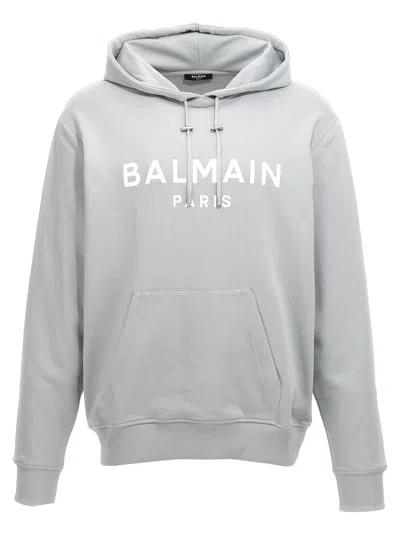 Balmain Logo Print Hoodie Sweatshirt Light Blue In White